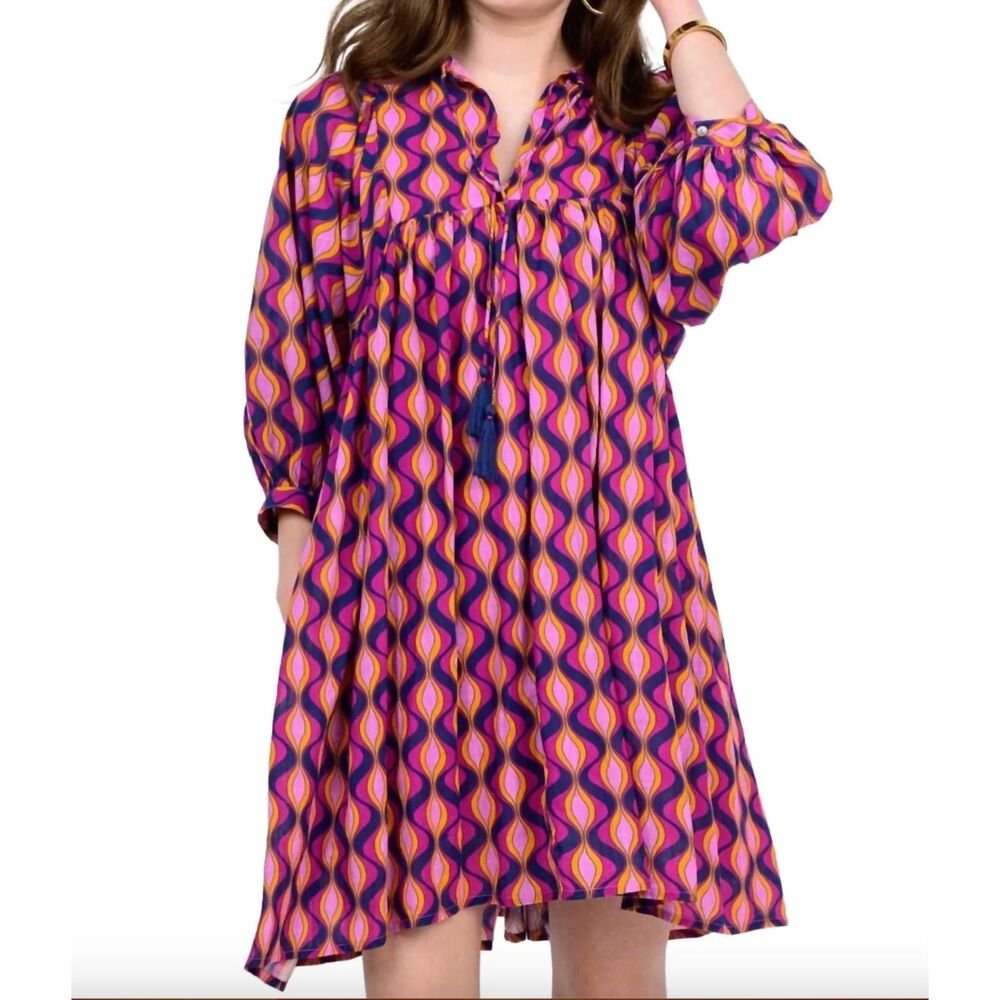 Uncle Frank Purple Pink Blue Geometric Wave Print Dress Medium Boho Mod Abstract